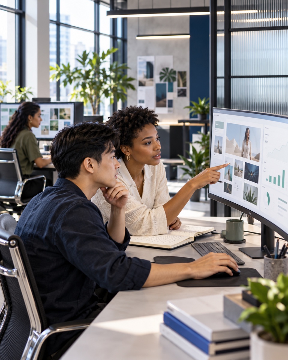 A creative director and copywriter reviewing campaign work at an agency workstation