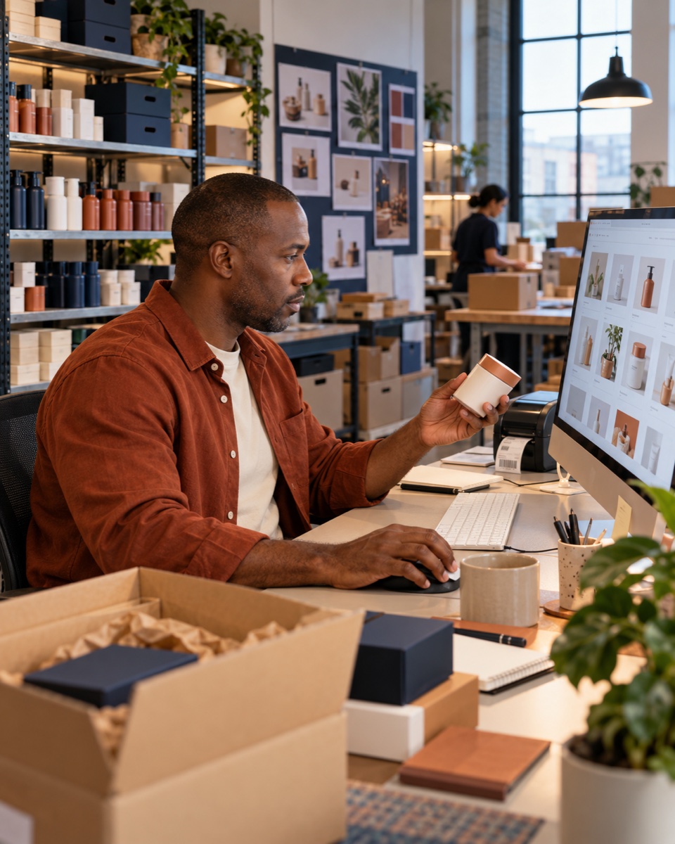 An ecommerce operator matching a physical product to its online storefront listing
