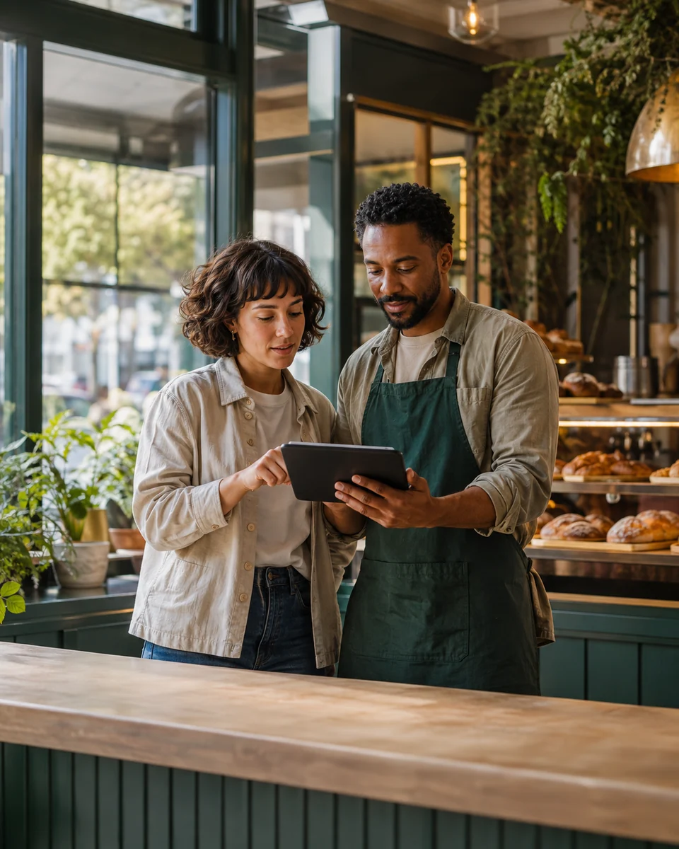 A neighborhood bakery team planning the day together at their storefront
