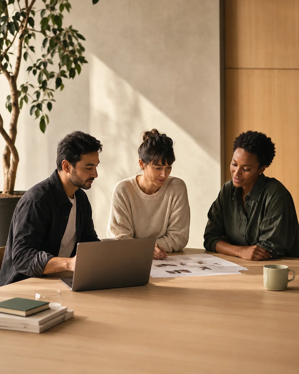 An in-house SaaS growth team planning a product launch together in a sunlit studio