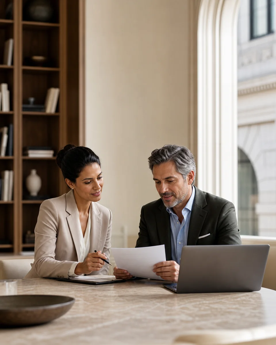 Two professional consultants reviewing a client proposal in an elegant contemporary office